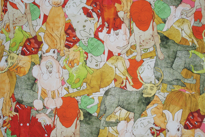 a multicolor collage of animals with Buddha masks on.